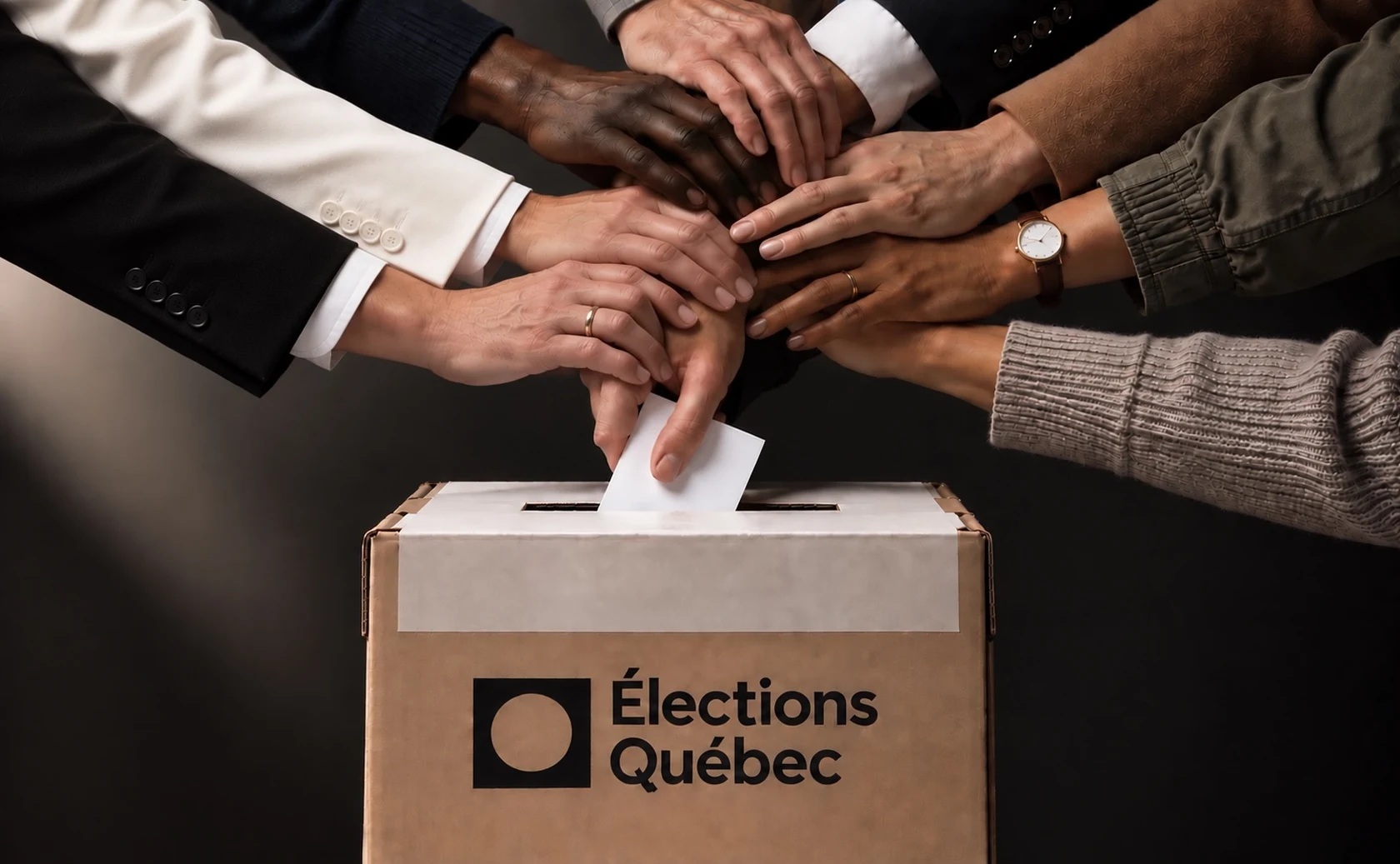 Des mains guident une main qui dépose un bulletin dans une urne d’Élections Québec.