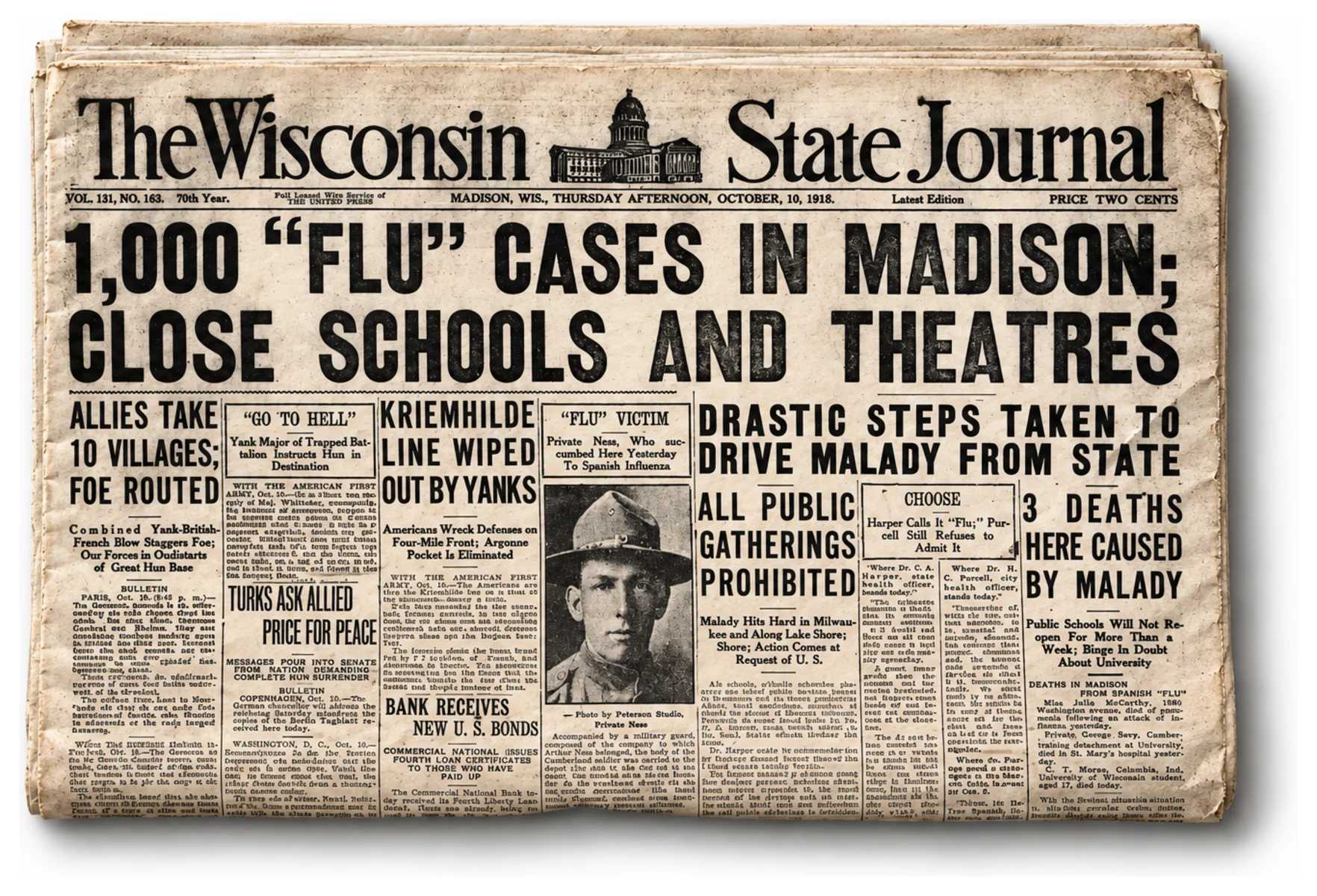 Wisconsin State Journal, 10 octobre 1918. La grippe ferme les écoles et les théâtres de Madison.