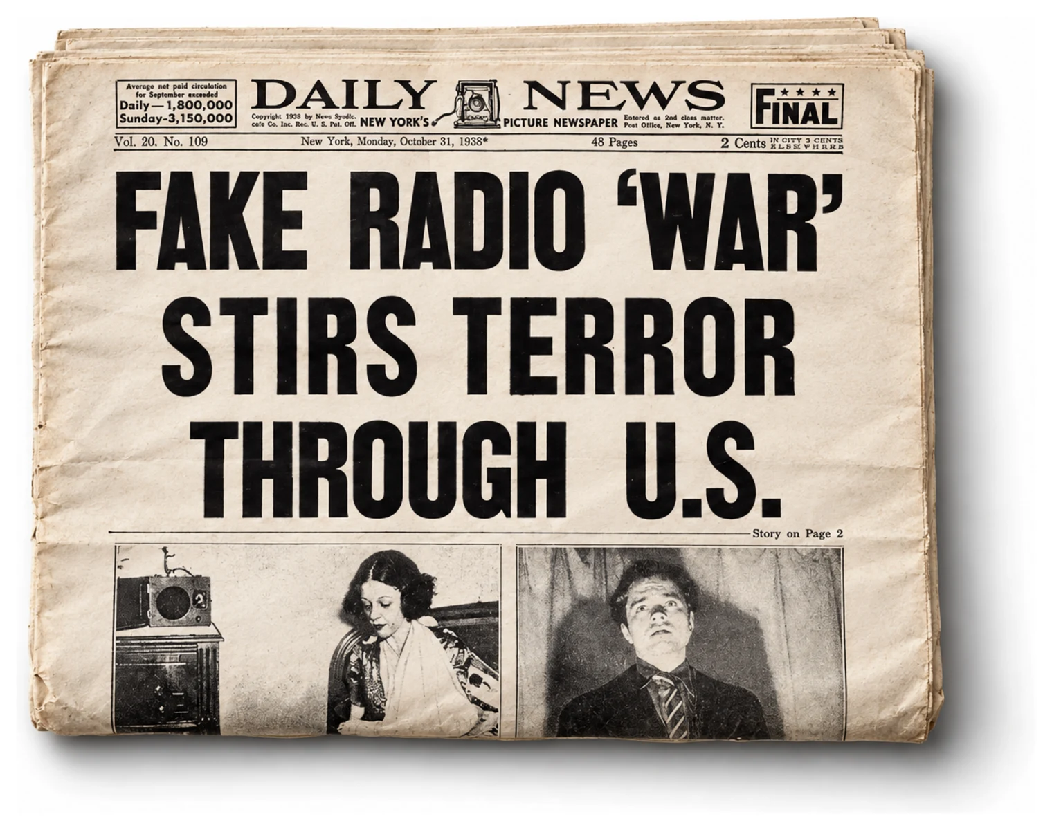 Daily News, 31 octobre 1938. Des auditeurs prennent l’invasion martienne d’Orson Welles au sérieux.