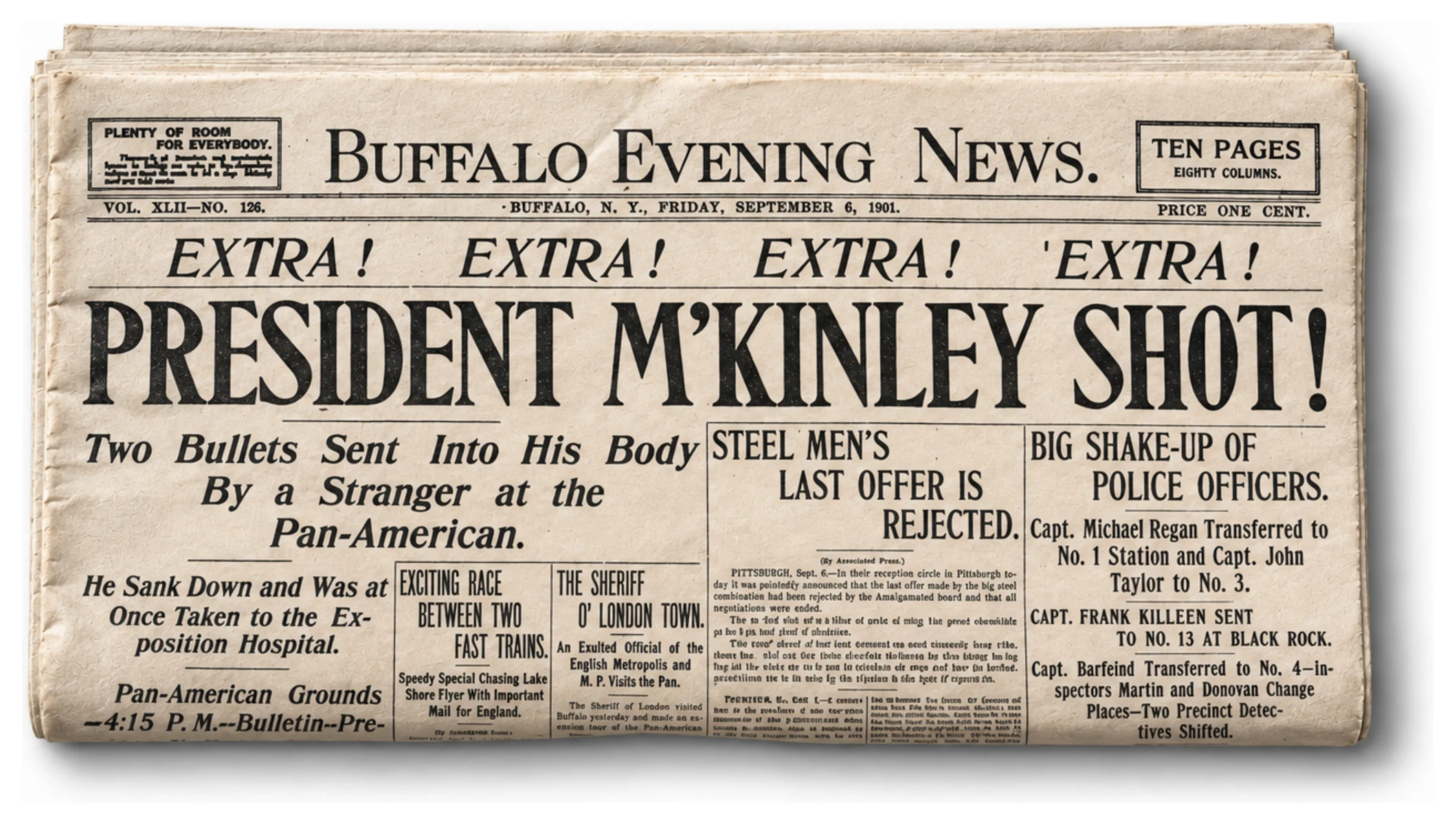 Buffalo Evening News, 6 septembre 1901. McKinley vient d’être touché par deux balles.