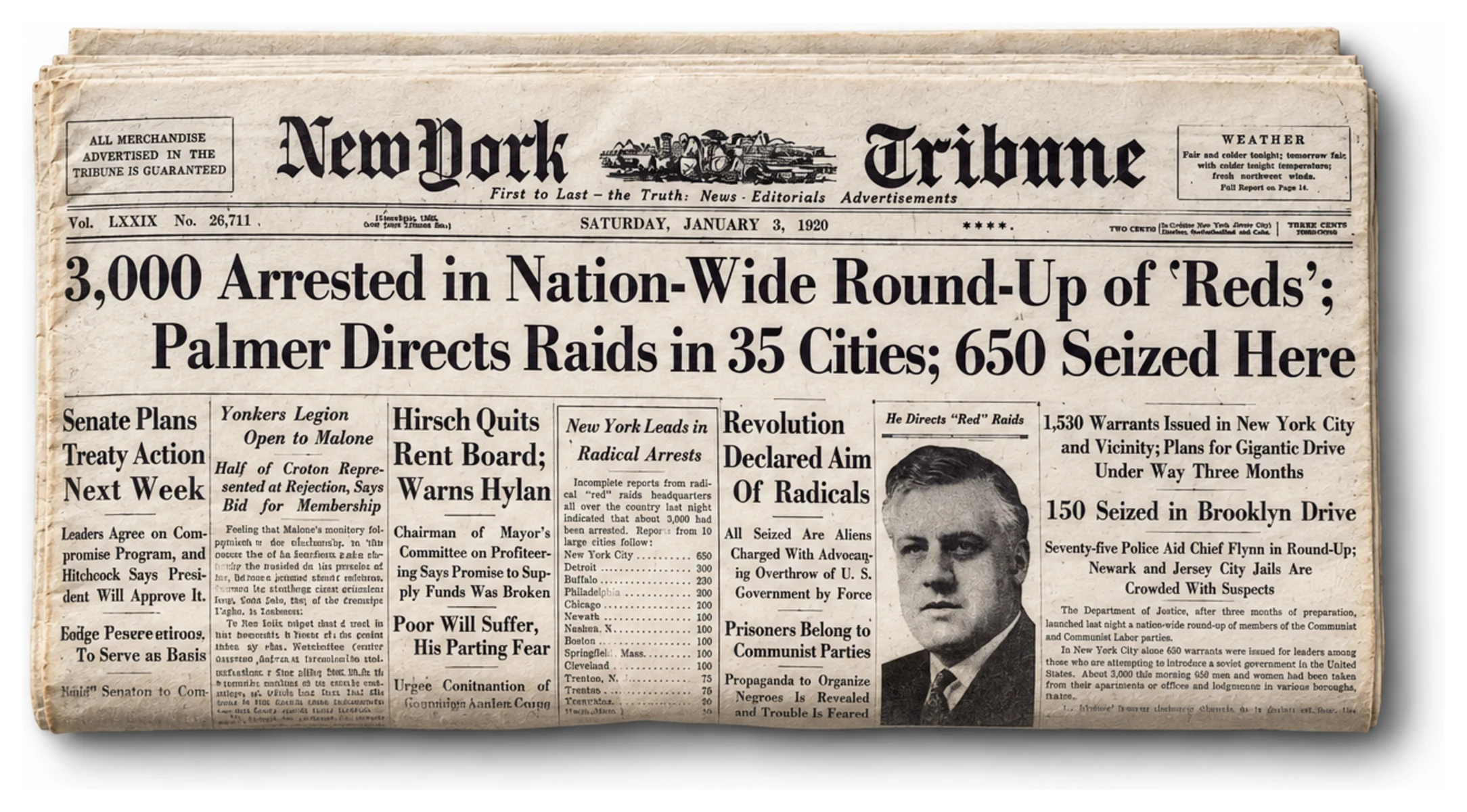New York Tribune, 3 janvier 1920. Les rafles de Palmer visent les « rouges ».