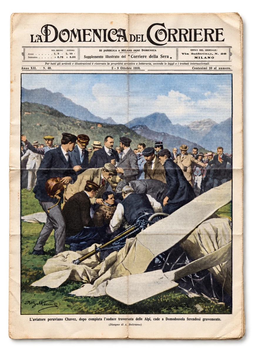 Couverture de La Domenica del Corriere, 2–9 octobre 1910 : Chavez secouru après son accident dans les Alpes