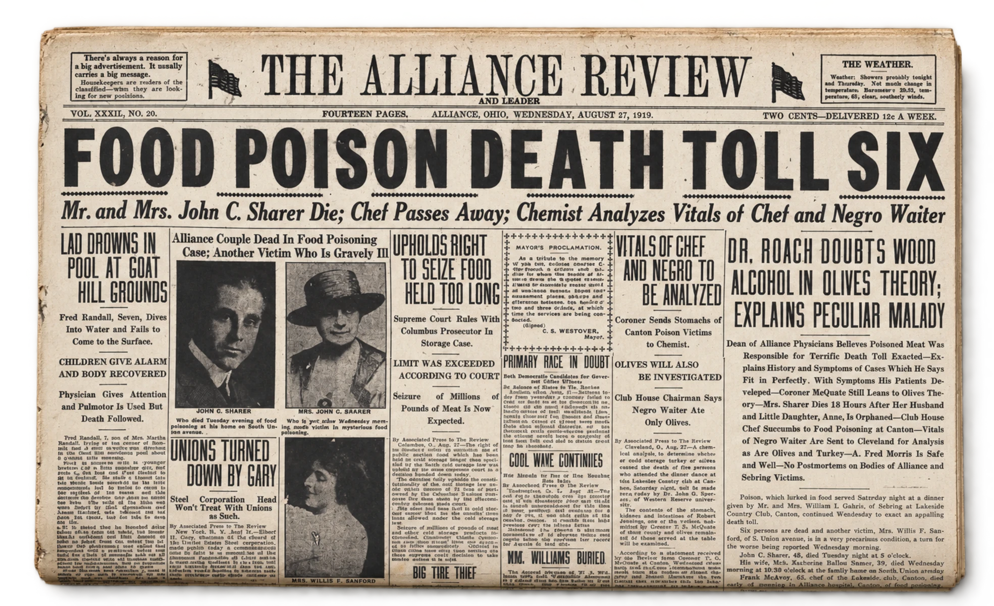 Couverture de The Alliance Review, 27 août 1919 : Food Poison Death Toll Six