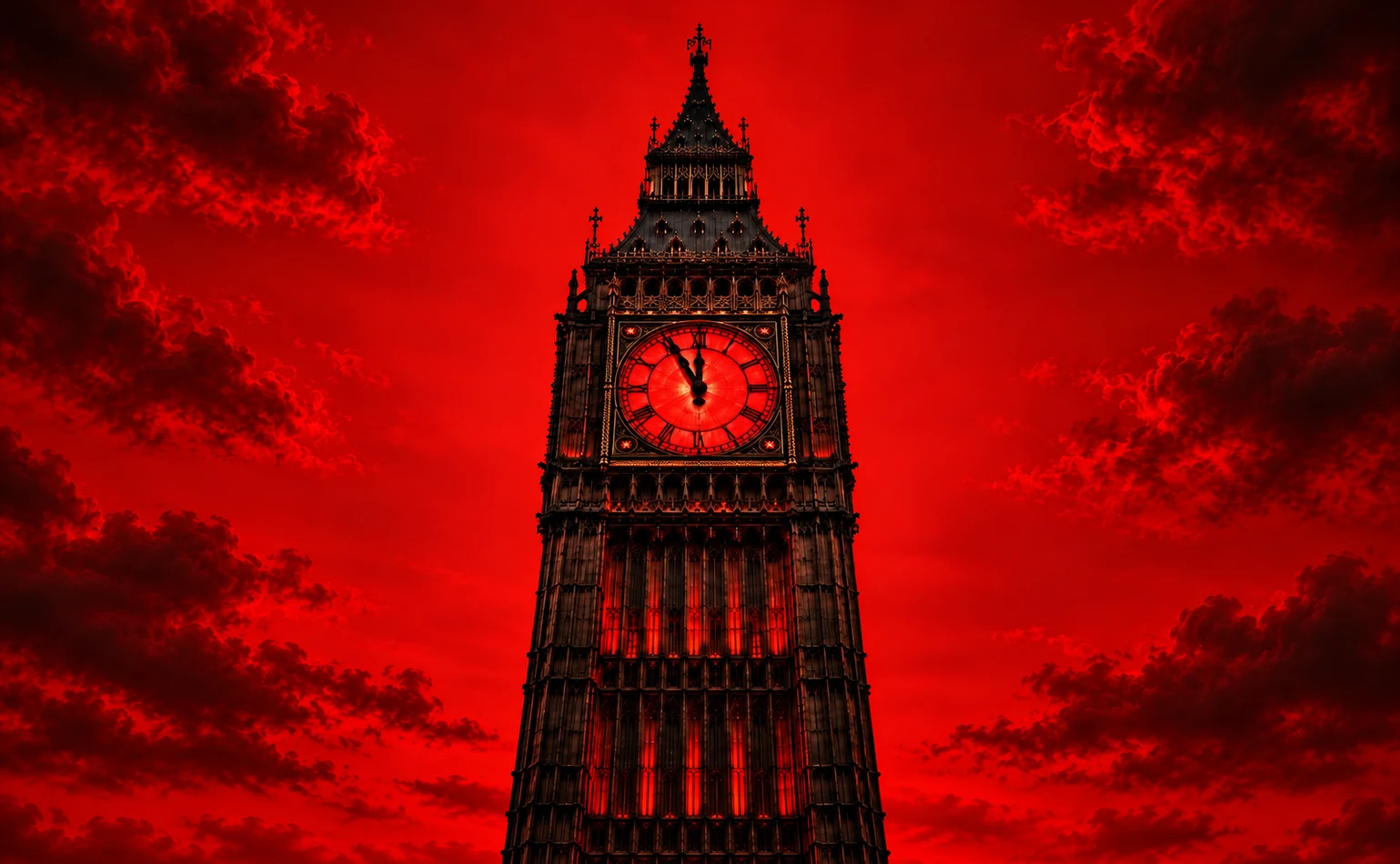 Big Ben éclairé en rouge sous un ciel de nuages sombres.