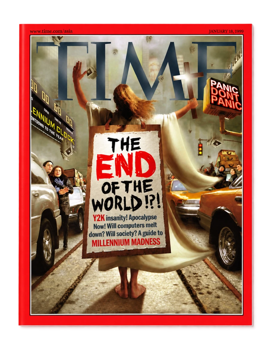 Couverture de TIME, édition Asie, 18 janvier 1999 : The End of the World!?!, couverture sur le bug de l’an 2000.