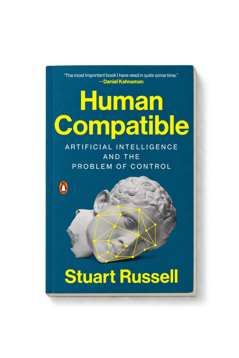 Human Compatible, de Stuart Russell, édition Penguin Books 2020, représenté en livre broché vu du dessus.