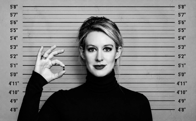 Elizabeth Holmes tenant une petite fiole, sur fond de toise judiciaire.