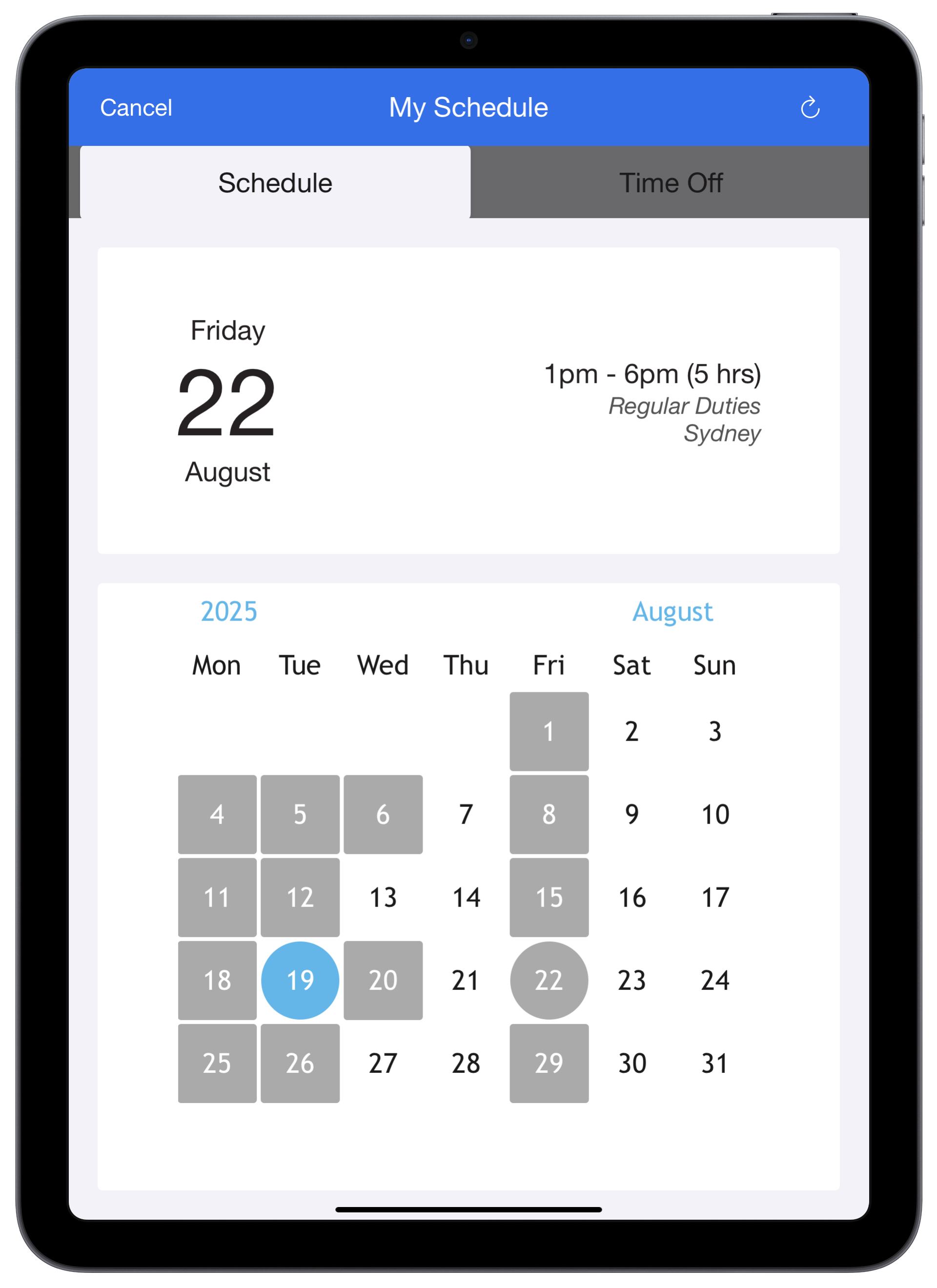 Employee View Schedule on iPad