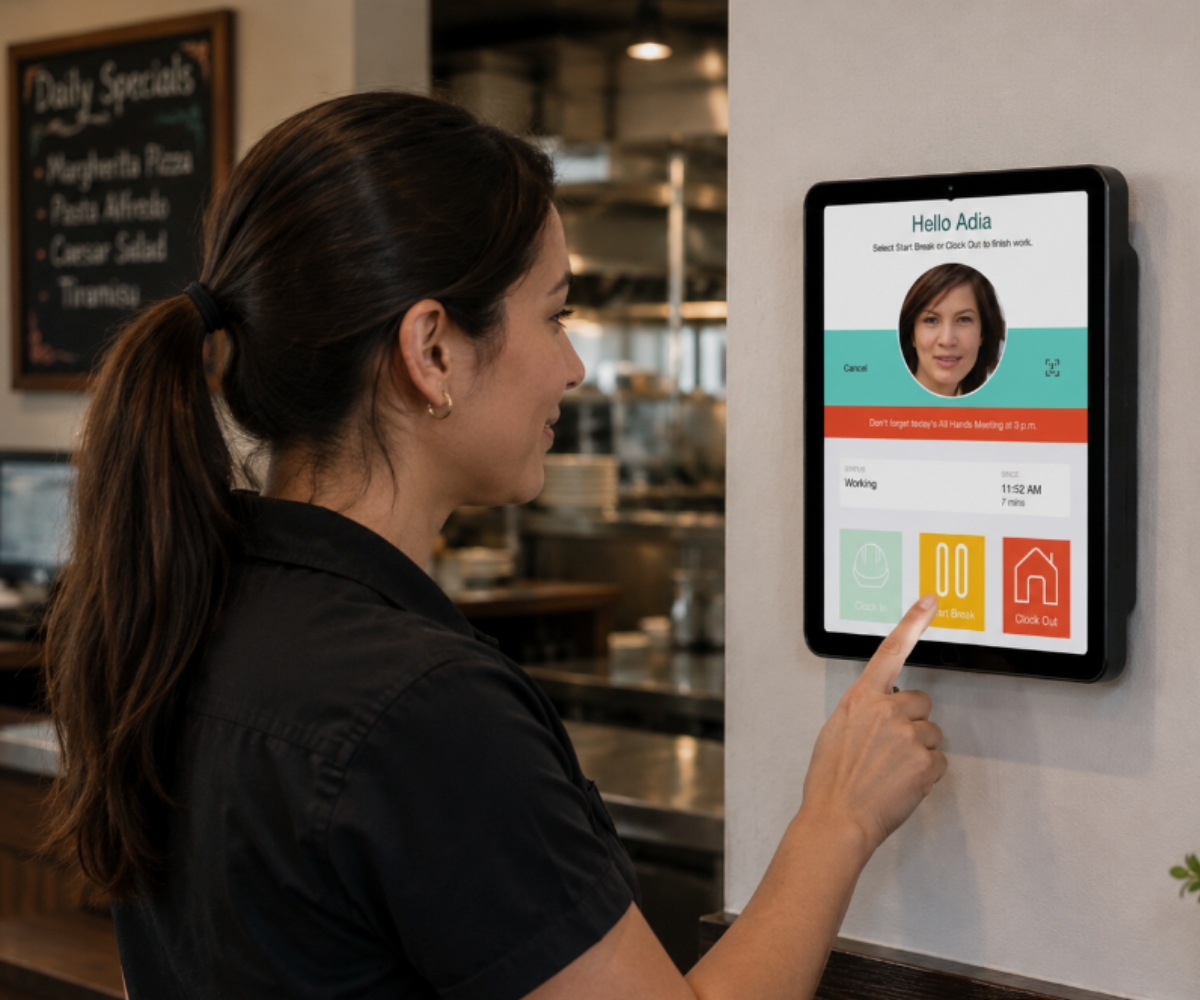 Employee clocking in through facial recognition time clock on mounted iPad