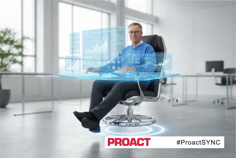 funpix ai photo booth - man in glasses and blue sweater sitting on an office chair interacting with floating digital interface screens in a modern office.