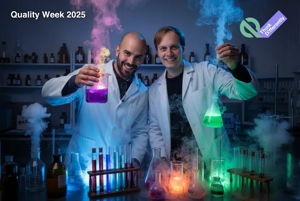 funpix ai photo  booth - two male scientists in a lab holding test tubes and beakers with colorful, glowing liquids and smoke, with text 'Quality Week 2025' and a 'Think Differently' logo.