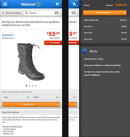Screens showing menu of Walmart app
