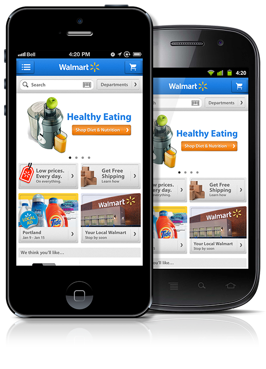 2 phones showing Walmart app screens