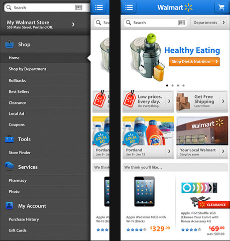 Screens showing menu of Walmart app