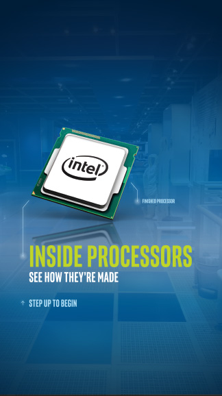 Screen from Intel exhibit with 3D objects and type
