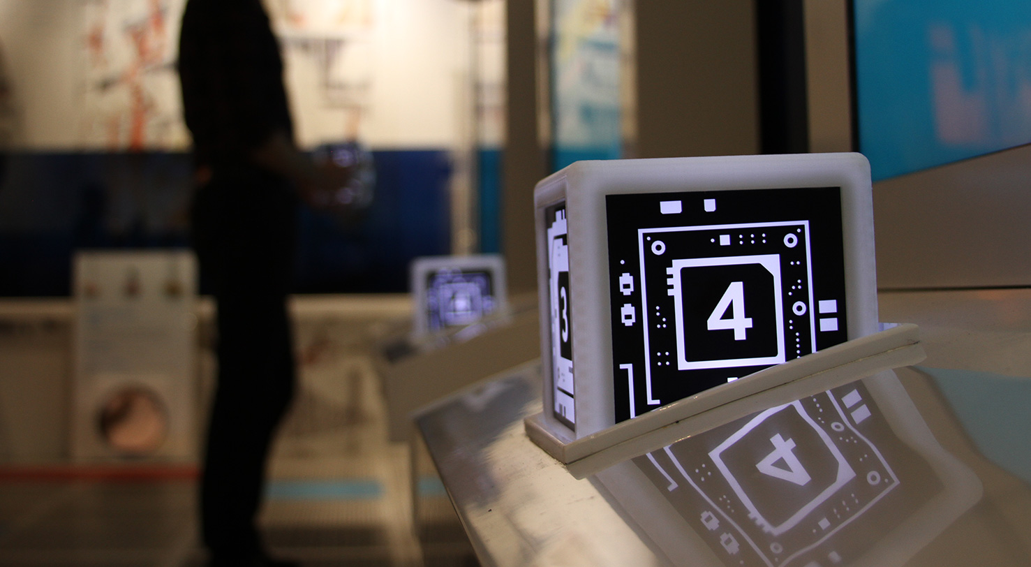 Intel Museum exhibit lighted cube close up inside exhibit cradle