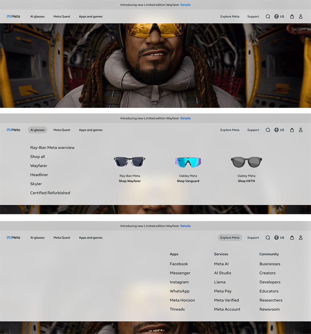 Meta navigation states for light mode on desktop