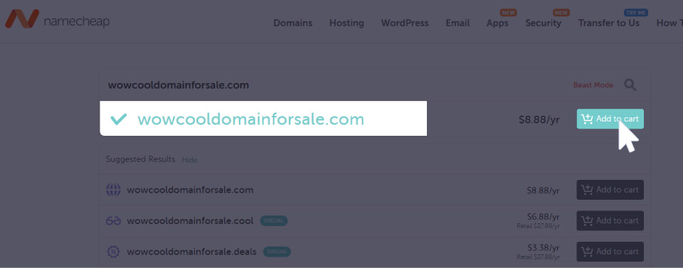 Namecheap domain availability and results