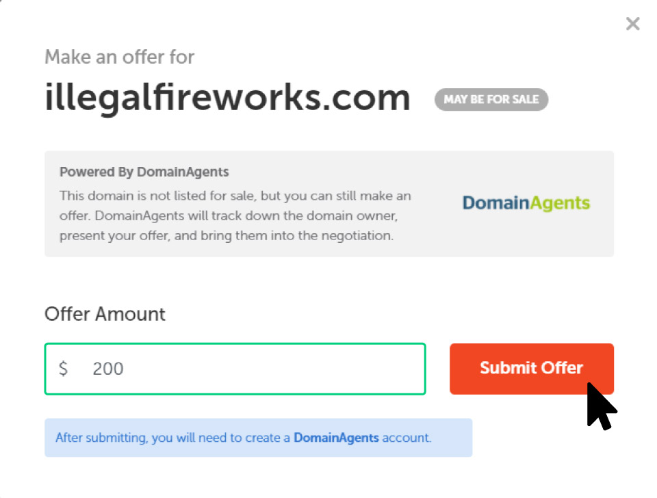 Example of submitting an offer to purchase a domain