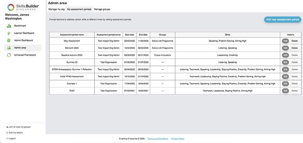 A screenshot of the Assessments tab inside Benchmark's admin dashboard.