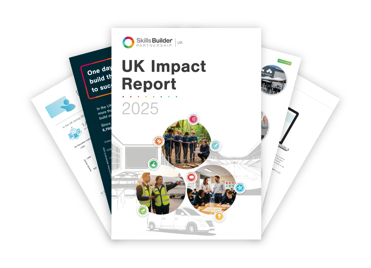 An image of the Skills Builder UK impact report with it's pages opened-out into a fan shape.