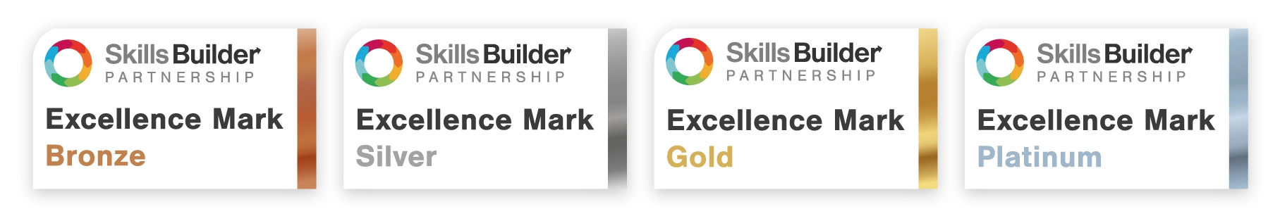 The four Excellence Mark badges arranged in a row. Bronze, Silver, Gold and Platinum.
