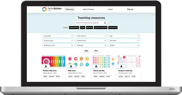 A laptop displaying the Skills Builder hub as seen online. It shows the wide array of resources available and the search filters that can be used to find the right resource for the classes' needs.
