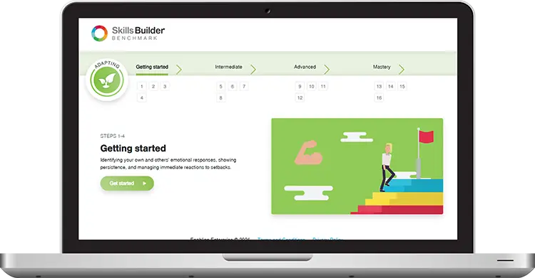 A laptop displaying Skills Builder benchmark as seen online. The webpage shows the beginnig of a skills assessment for Adapting, where there is an introduction to what Adapting it - as well as an introduction video.