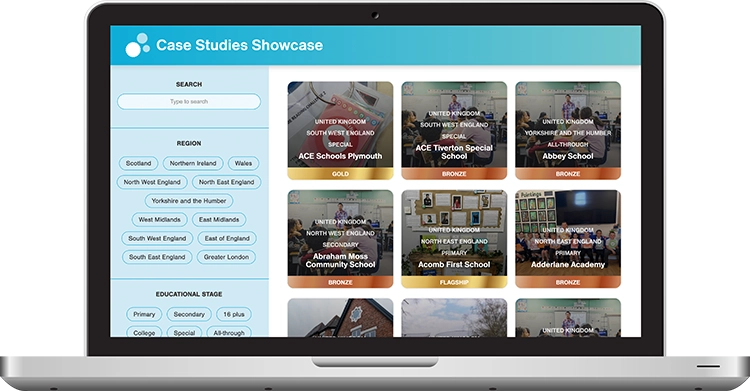 A laptop displaying the Case Studies Showcase - showing a selection of case studies on offer and the filters available.