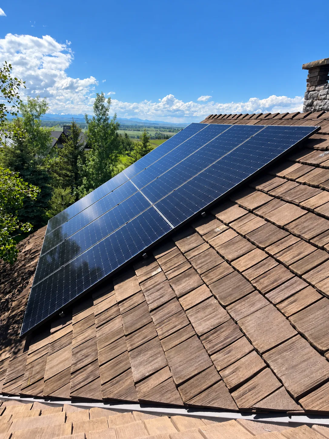 Harvest Solar rooftop panels on a wood-shingle roof with a Montana mountain view
