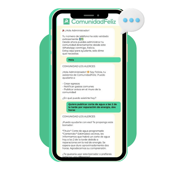 Smartphone screen showing a WhatsApp conversation with ComunidadFeliz assistant discussing phone validation and drafting a water outage notification.