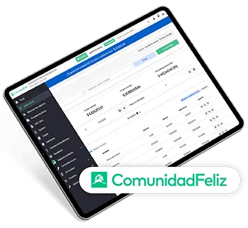 Tablet displaying a financial dashboard with data tables and graphs, featuring ComunidadFeliz branding.