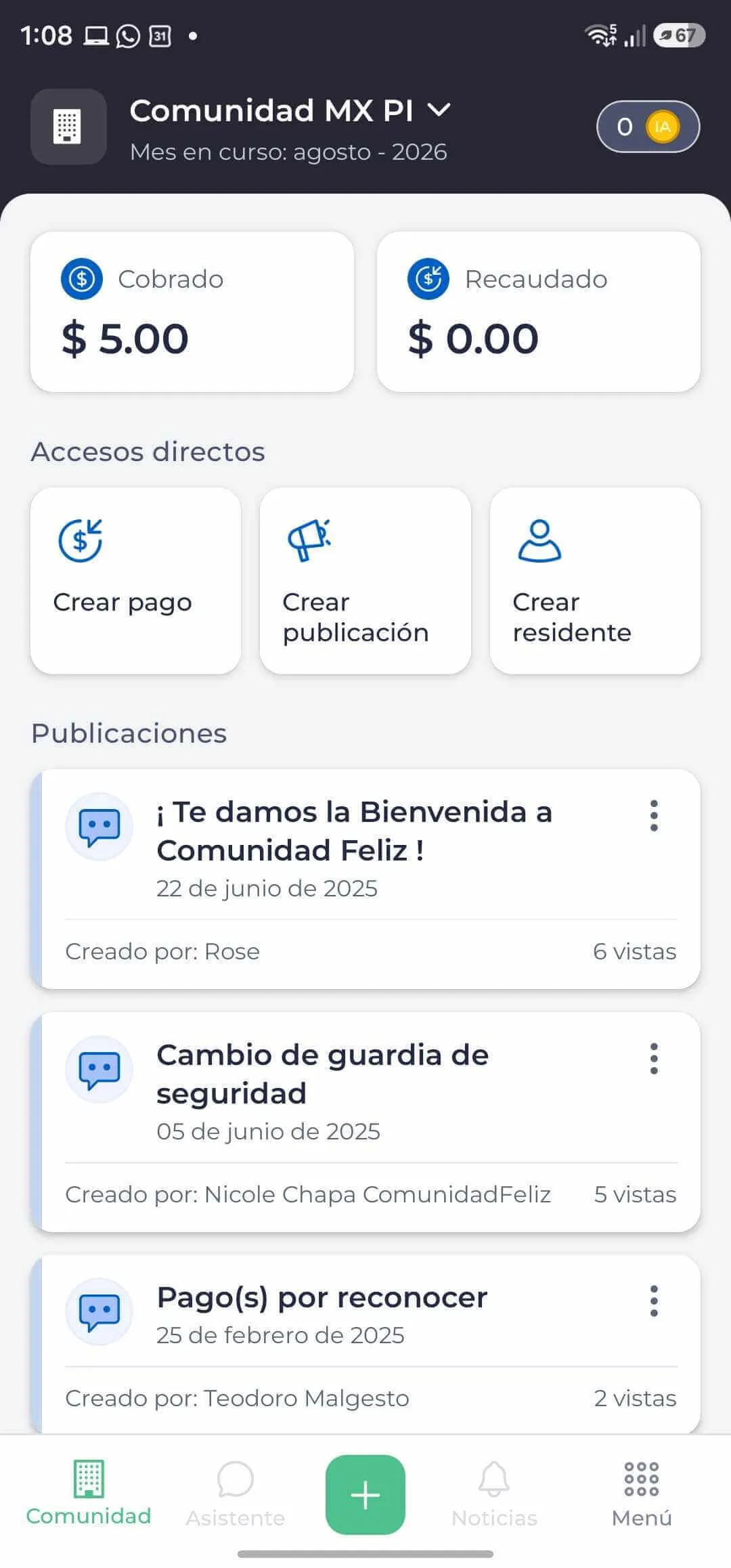 Pantalla principal de la app ComunidadFeliz para administradores
