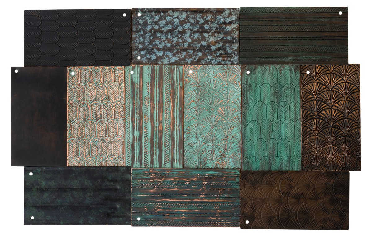Amoretti Brothers — Collection of rectangular embossed metal panels with green, black, and brown patina textures.
