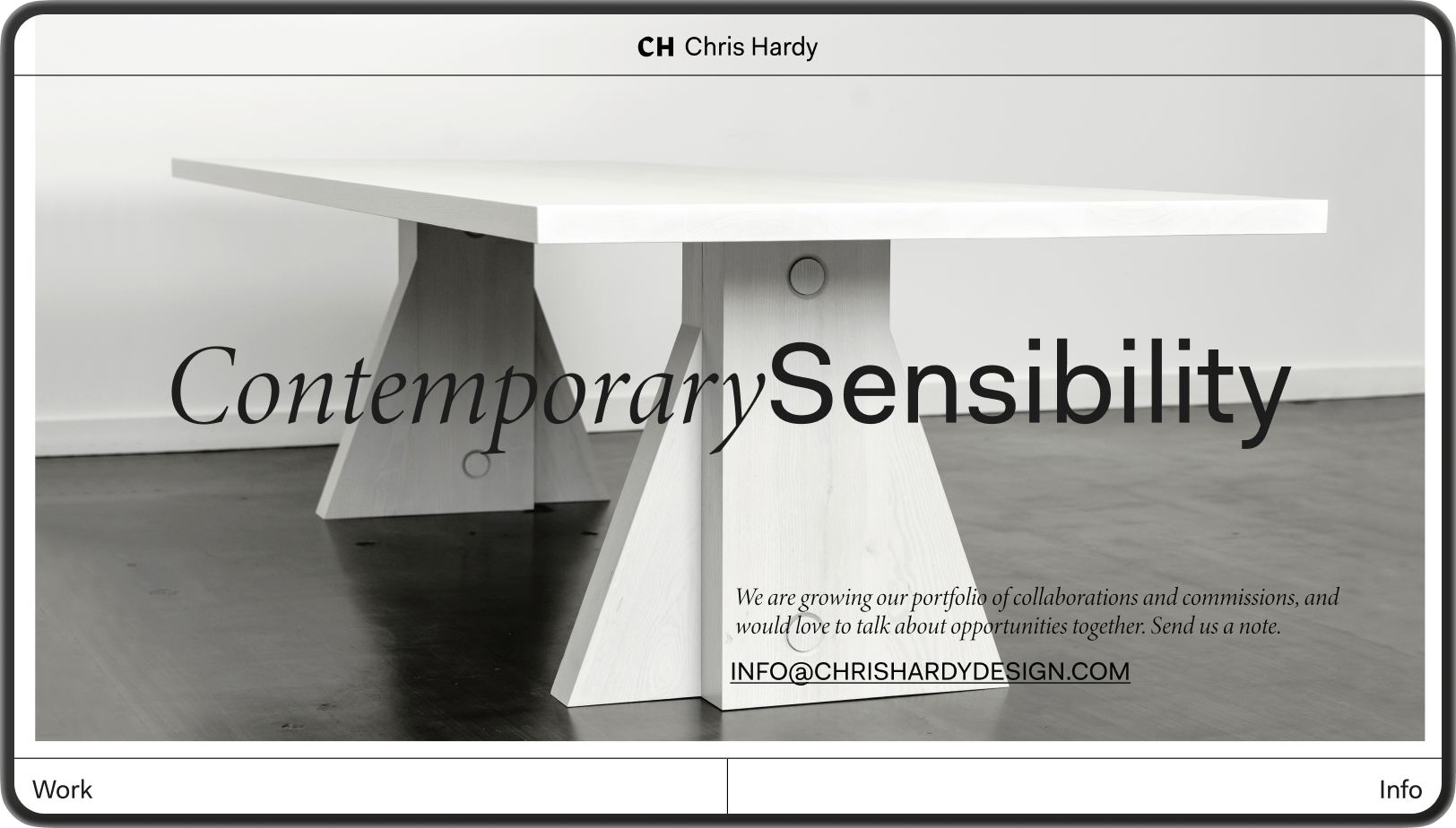 Minimalist light wood table with contemporary design against plain wall, overlaid with text 'Contemporary Sensibility' and contact info for Chris Hardy design.