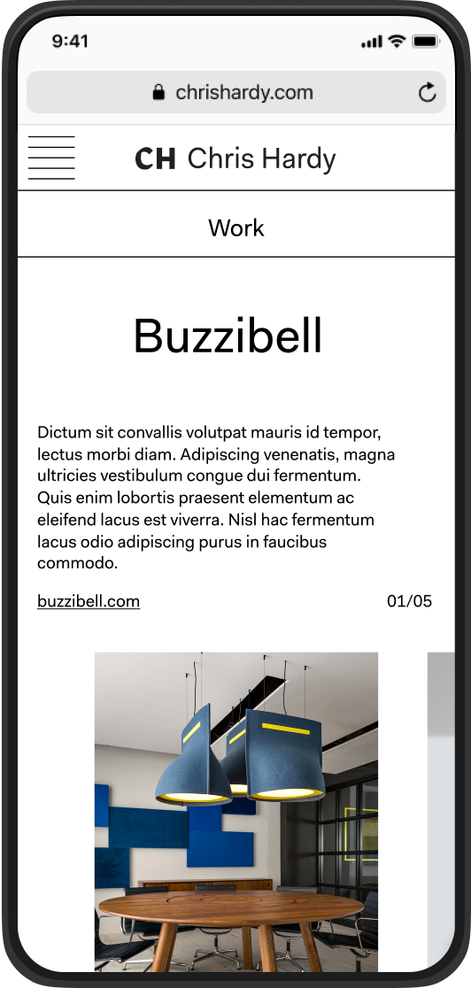 Mobile view of Chris Hardy's portfolio webpage showing a project named Buzzibell with a modern office image featuring a round wooden table and unique blue pendant lights.