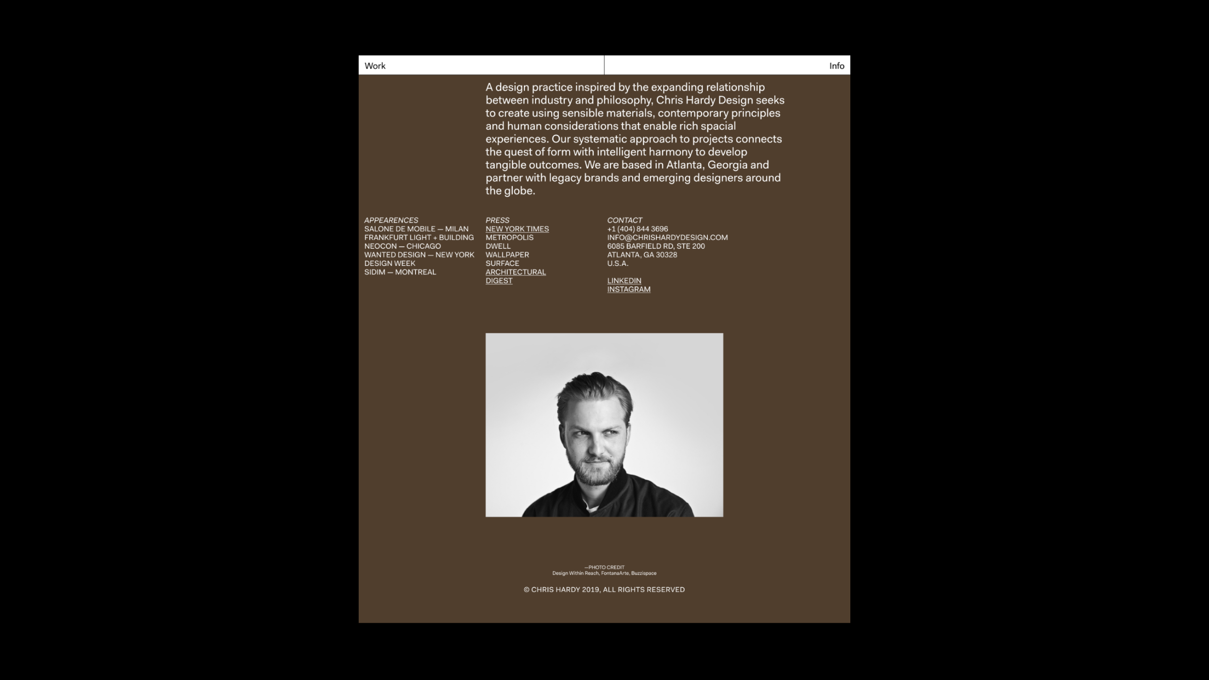 Website footer with brown background featuring a black and white portrait of a bearded man and text describing Chris Hardy Design's philosophy, contact info, press mentions, and social links.