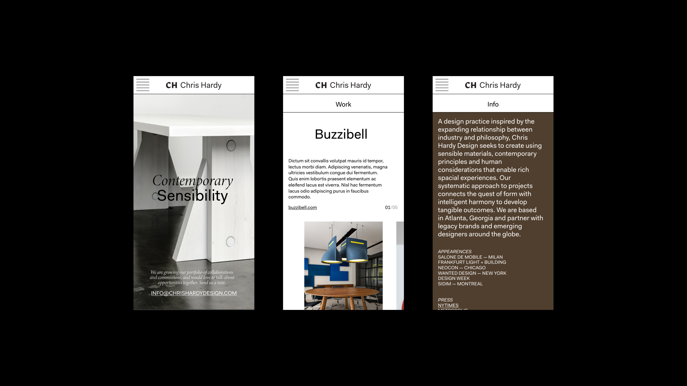 Three mobile screens of Chris Hardy's design portfolio showing a wooden table with 'Contemporary Sensibility' text, a work project called Buzzibell featuring a modern meeting room, and an info page describing the design practice.