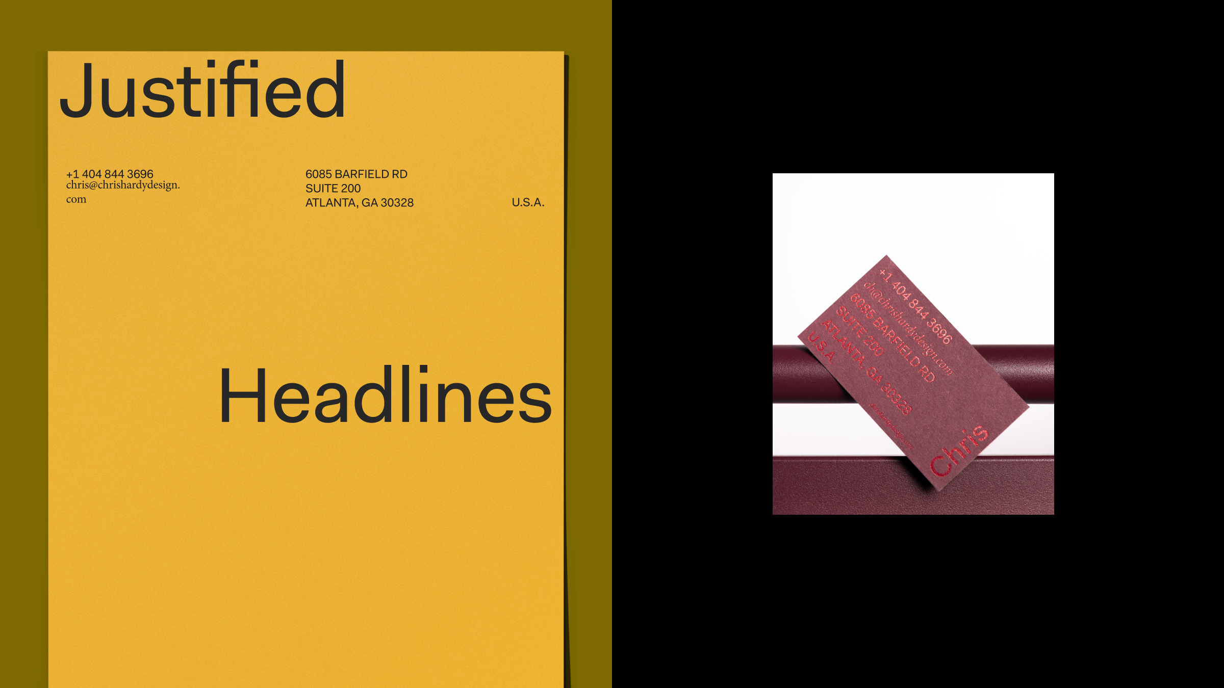 Yellow business card with justified headlines text on the left and a burgundy business card with contact details leaning on a matching burgundy rail on the right.