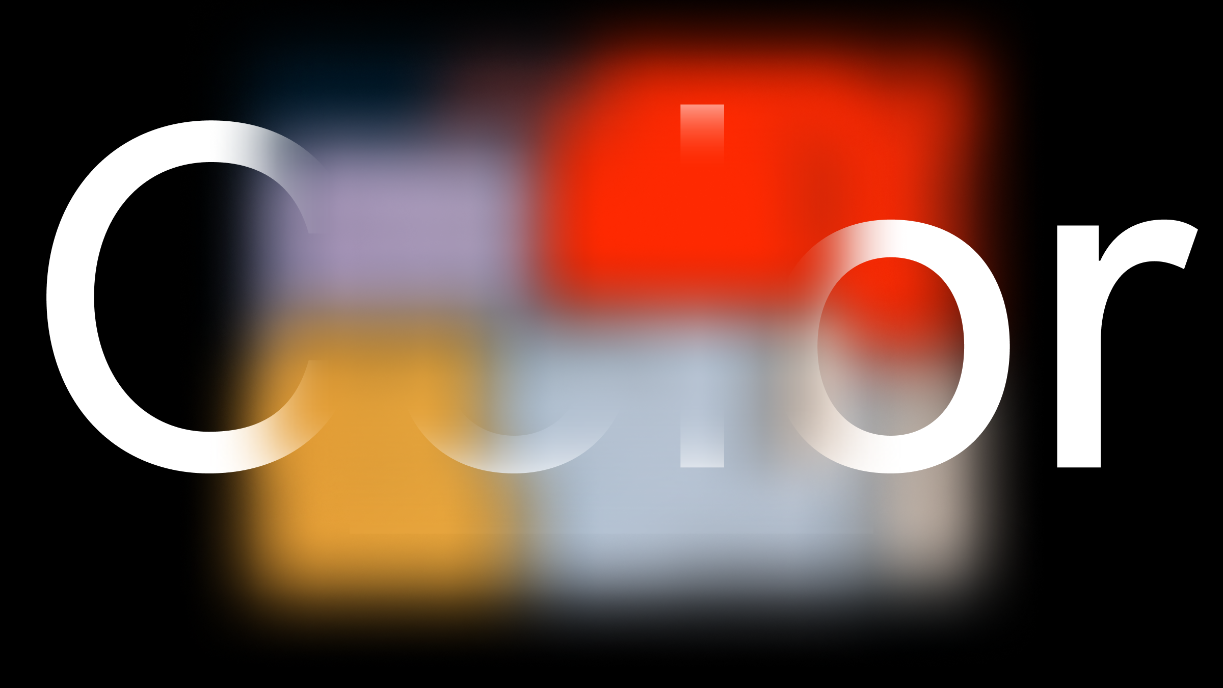 Color blocks in red, orange, light blue, purple, and gray arranged in a grid on a black background with the word 'Color' overlayed in large white letters.