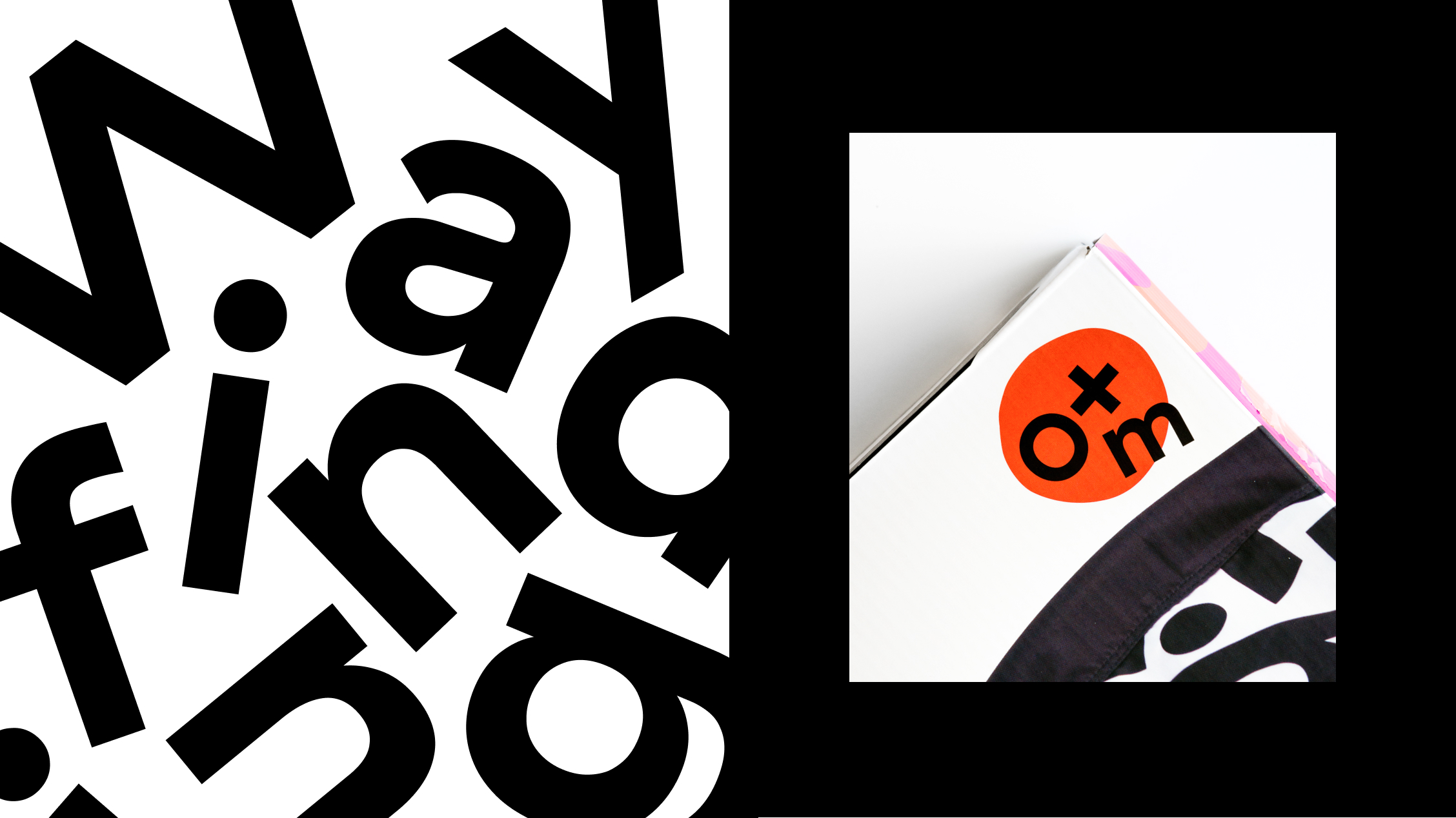 Corner of a white box with a red circle containing a black plus sign above the letter 'o' and 'm', partially covered by black and white text patterns.