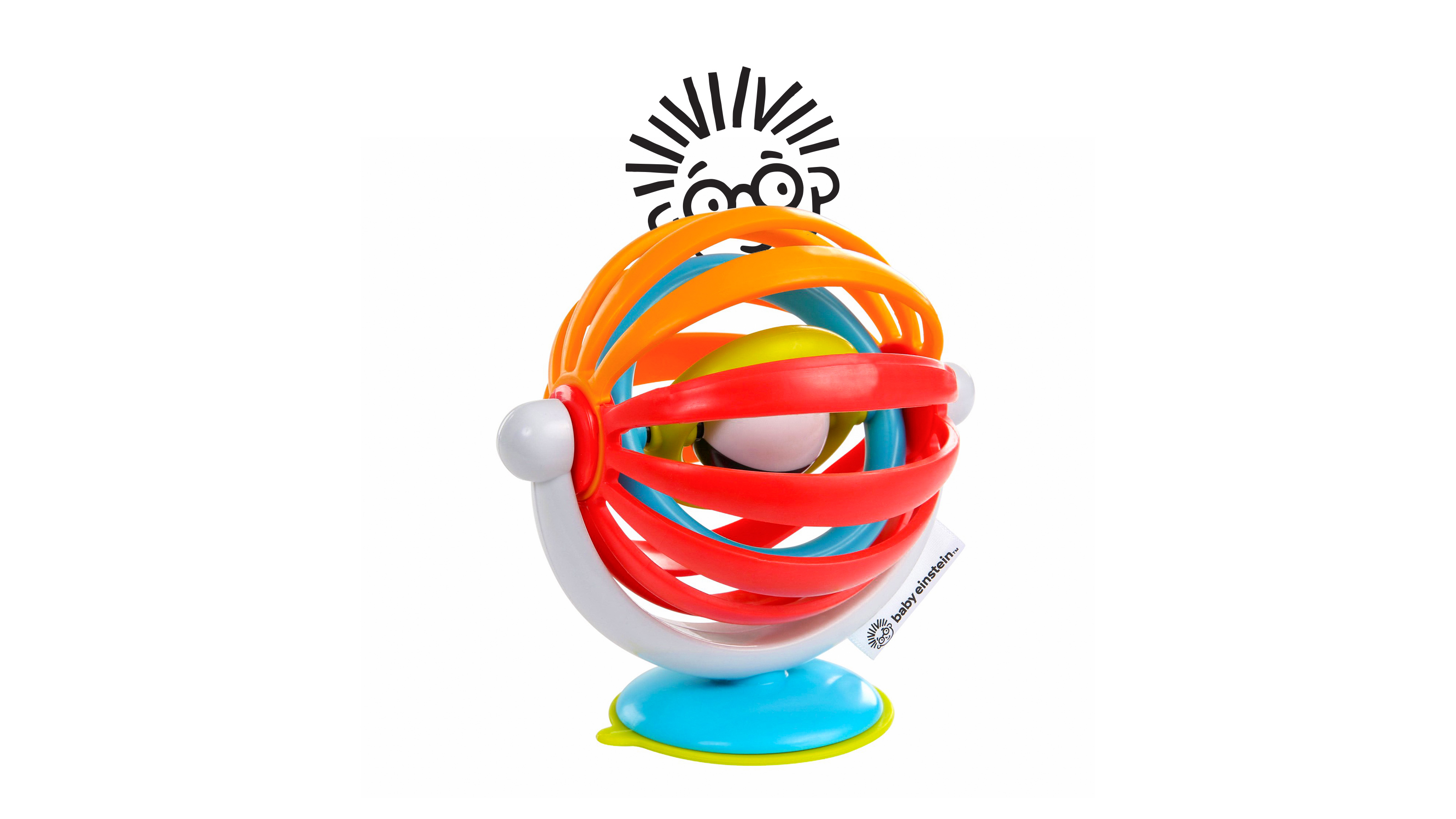 Colorful Baby Einstein plastic toy with interlocking rings on a blue suction base.