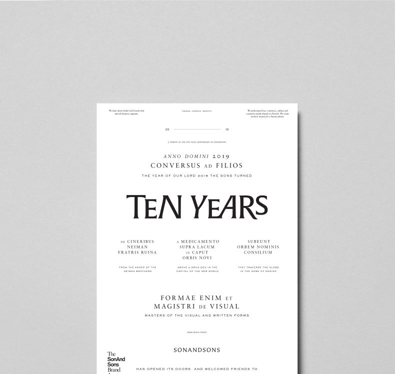 Typography poster featuring Latin phrases and English translations commemorating ten years, with 'TEN YEARS' prominently in the center.