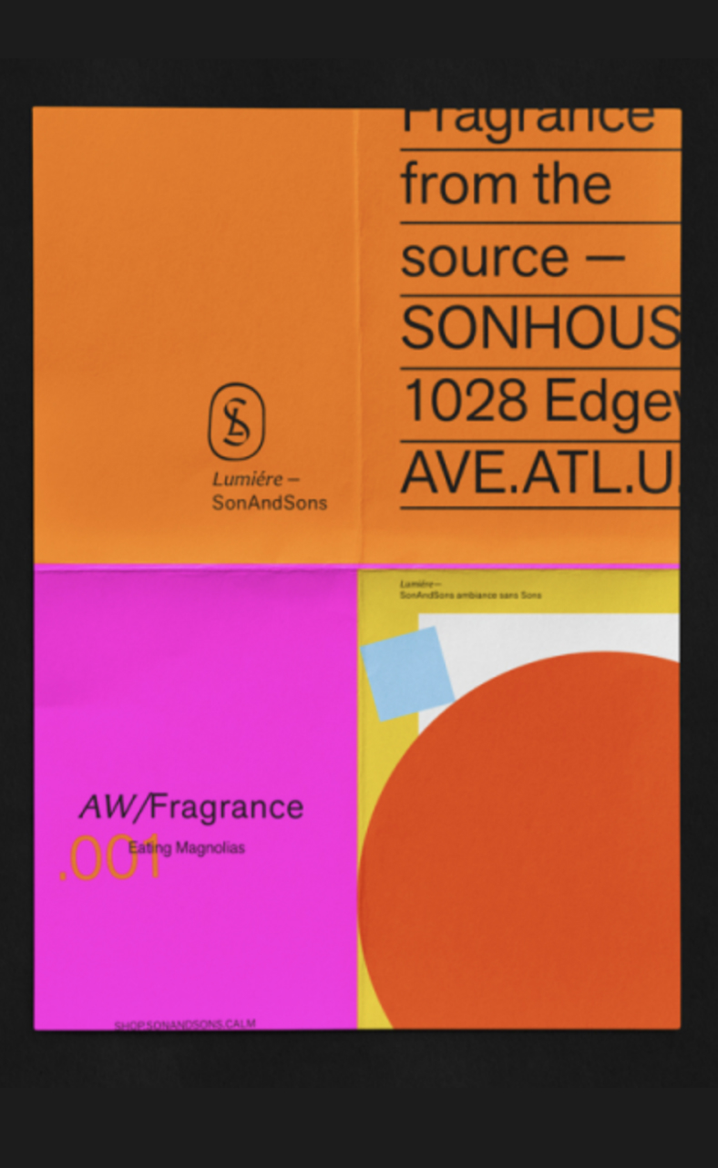 Colorful paper with abstract geometric shapes and text including 'Lumière - SonAndSons' and 'AW/Fragrance .001 Eating Magnolias'.