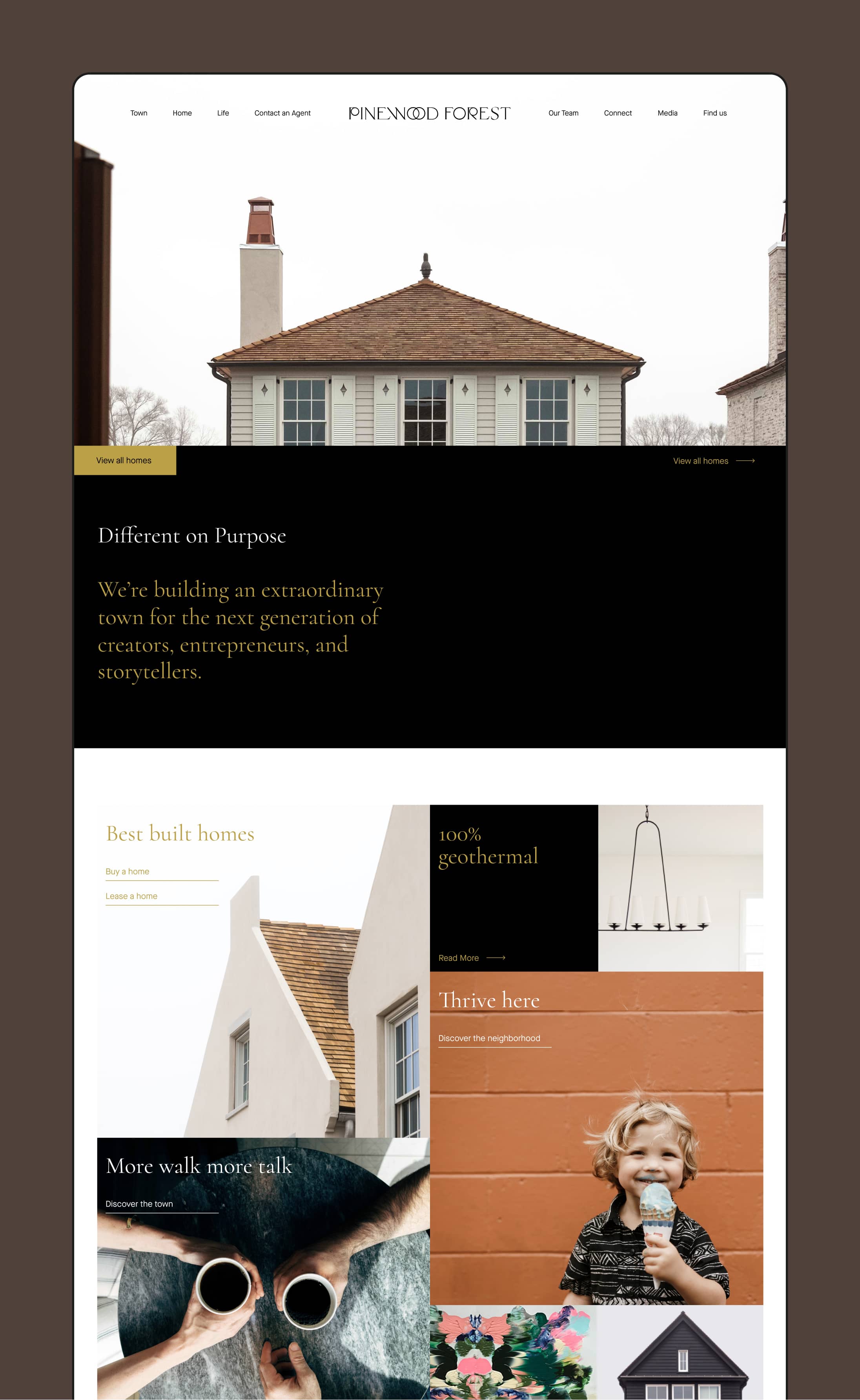 Website homepage showcasing Pinewood Forest with images of modern homes, a child eating an ice cream cone, and text highlighting geothermal homes and community living.