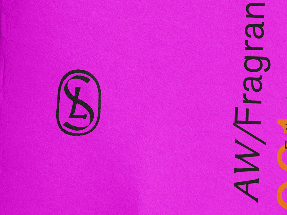 Black stylized logo resembling the letters 'LS' on a bright purple background with partially visible black text reading 'AW/Fragranc'.