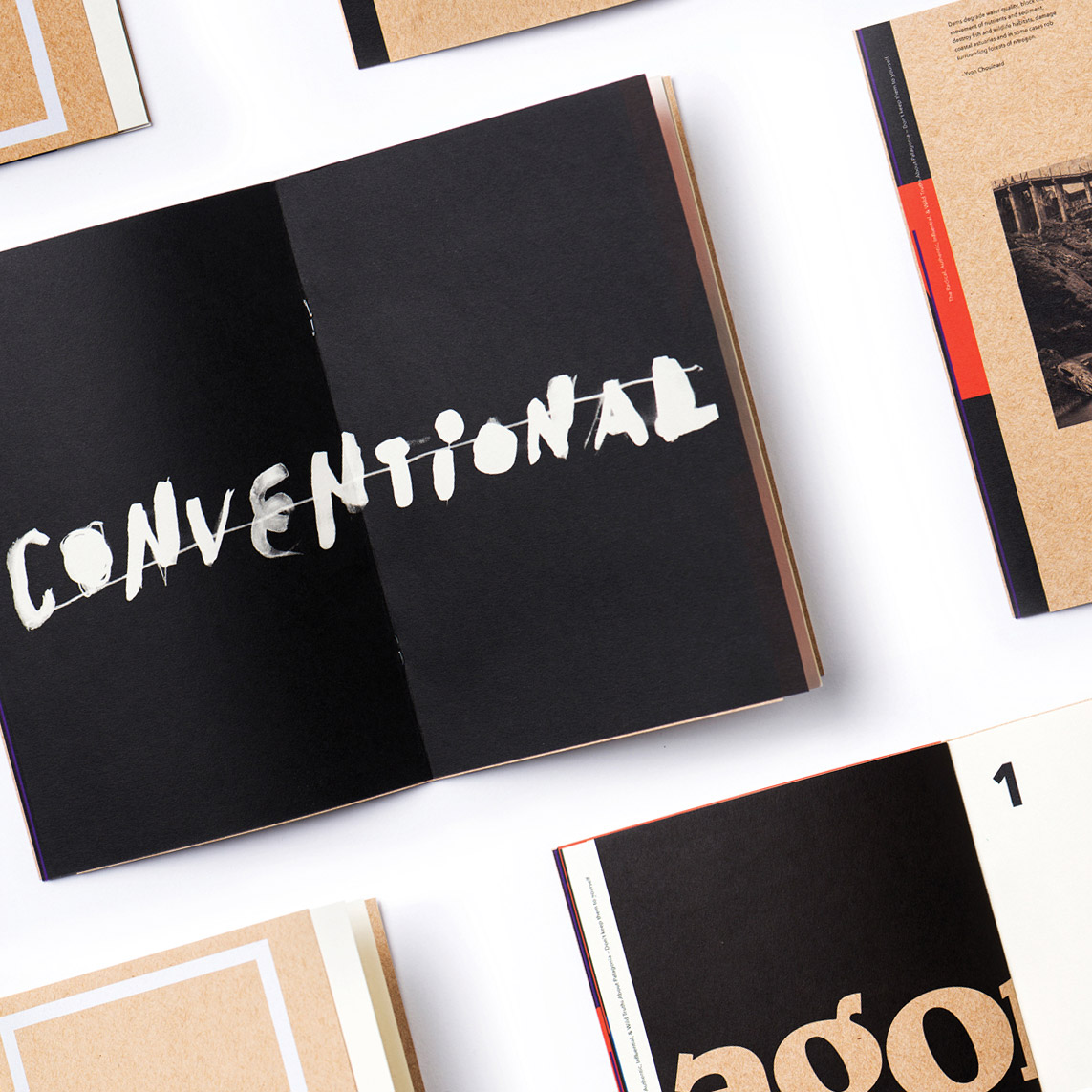 Open booklet showing the word 'CONVENTIONAL' in white letters on a black background, surrounded by other open booklets on a white surface.