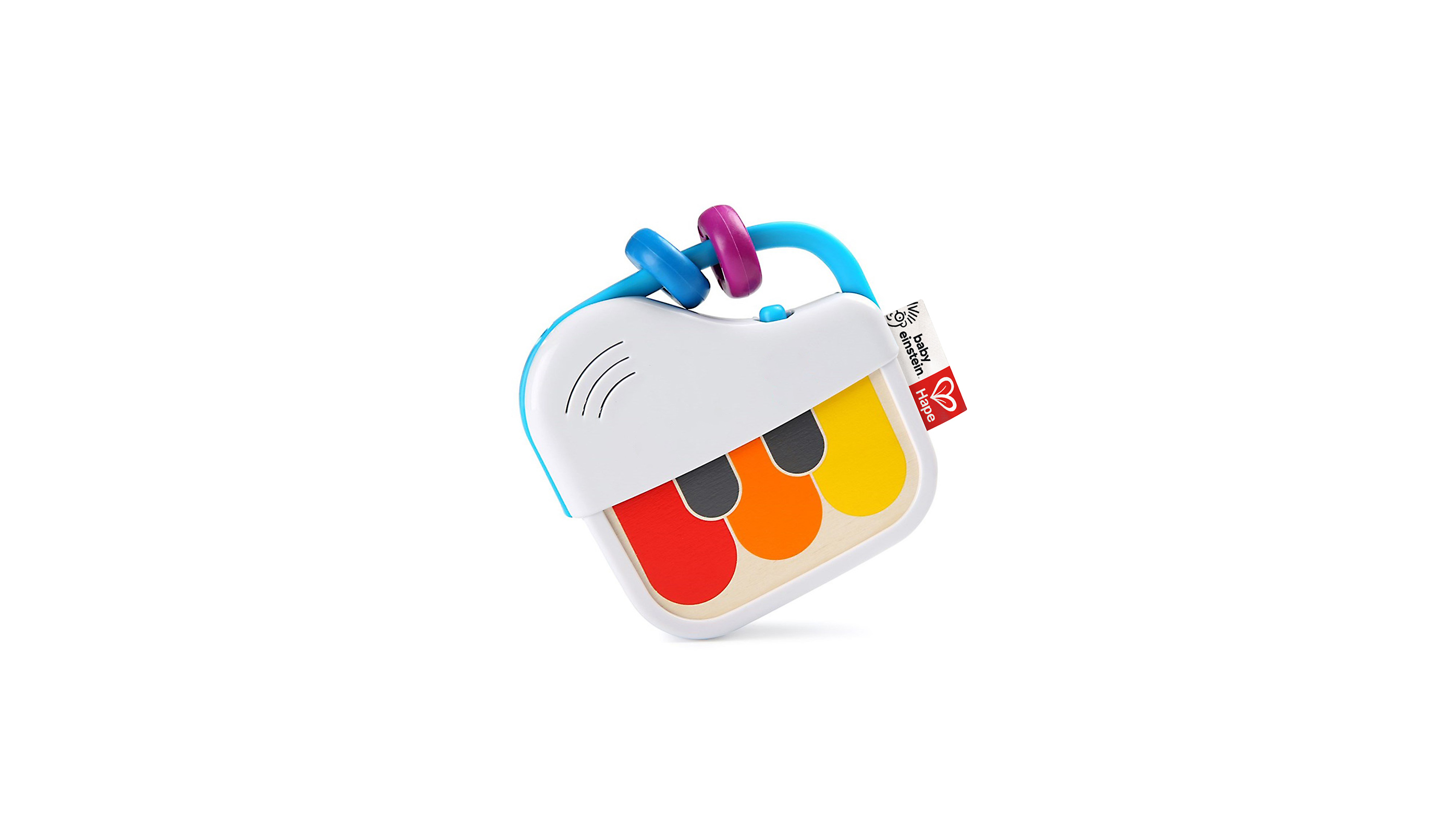 Compact toy piano with red, orange, black, and yellow keys and blue handle with colorful beads.