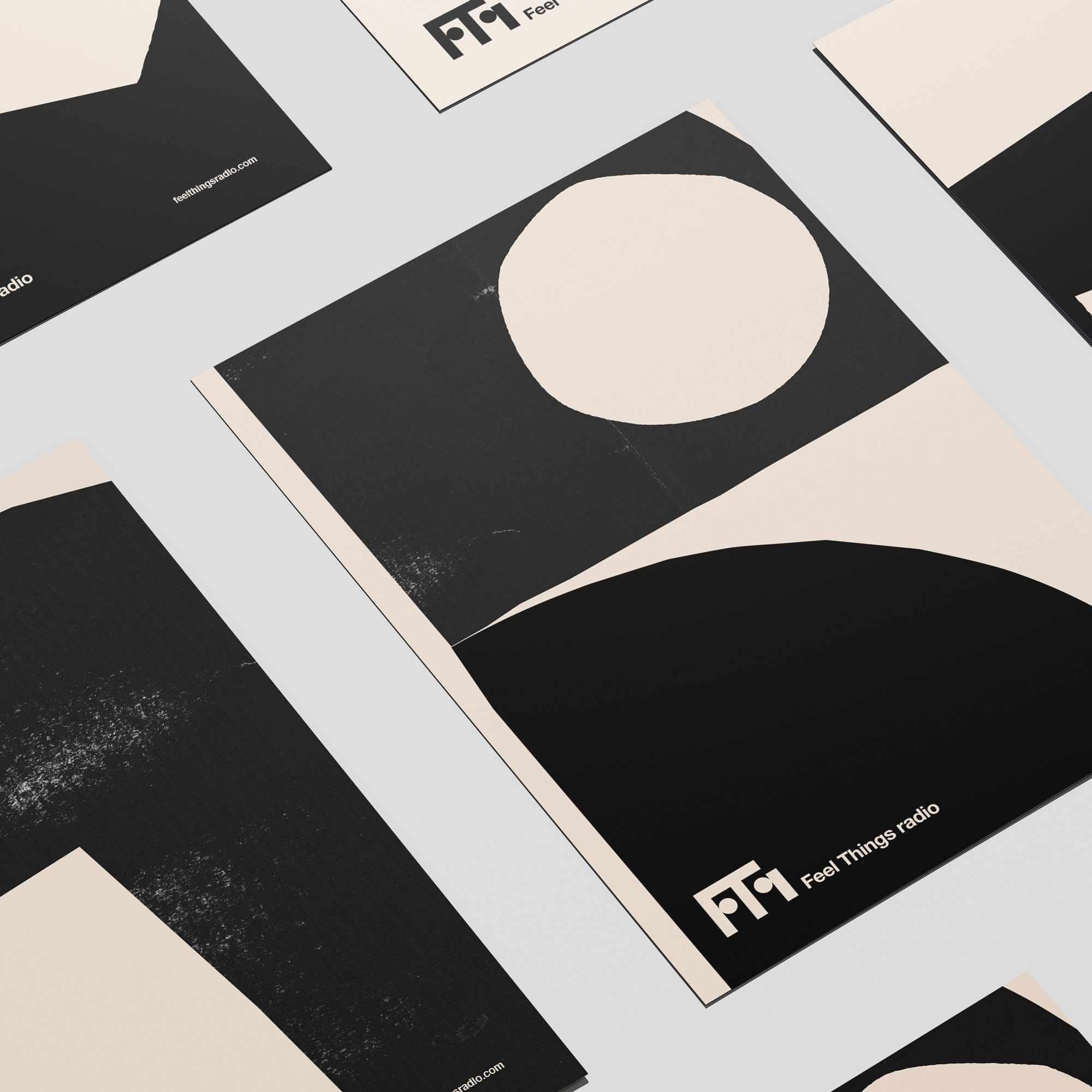 Collection of minimalist black and beige postcards with abstract shapes and Feel Things radio logo.