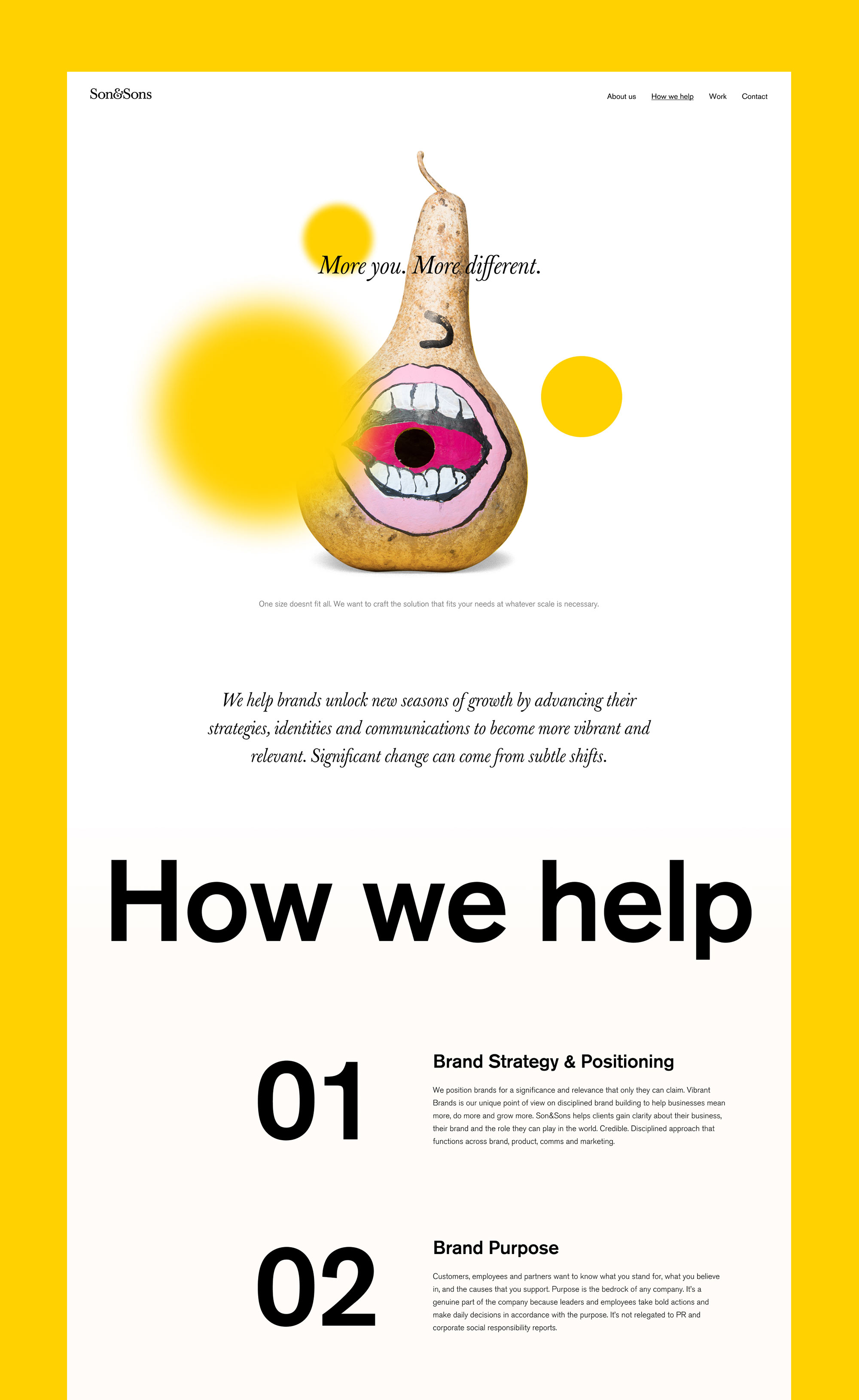 Website section with stylized pear illustration featuring a mouth, text 'More you. More different.', and brand strategy and purpose descriptions.